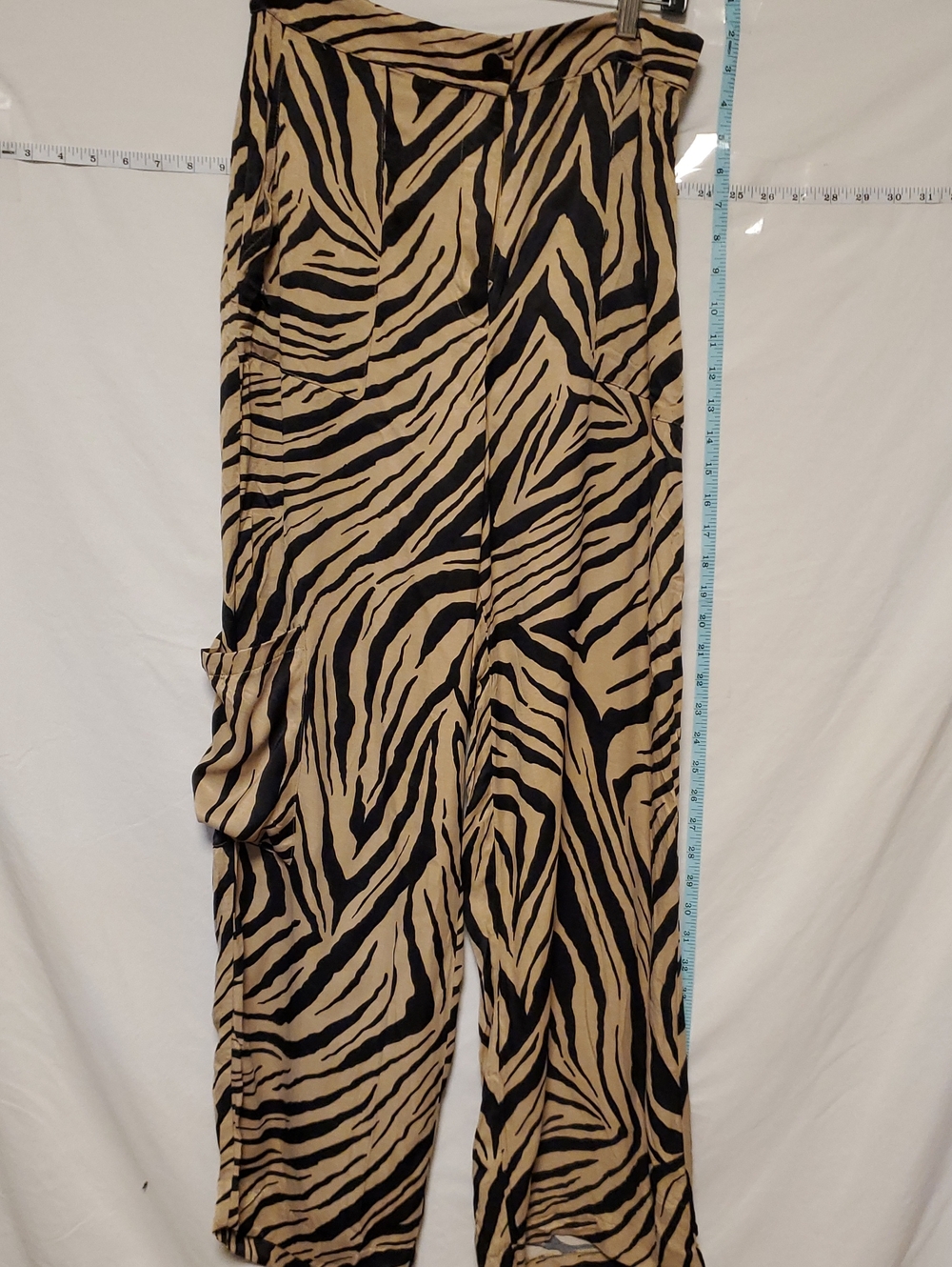 Zara Black Tan Zebra Print Satin Wide Leg  Pants Cargo Pocket Med Mob Wife